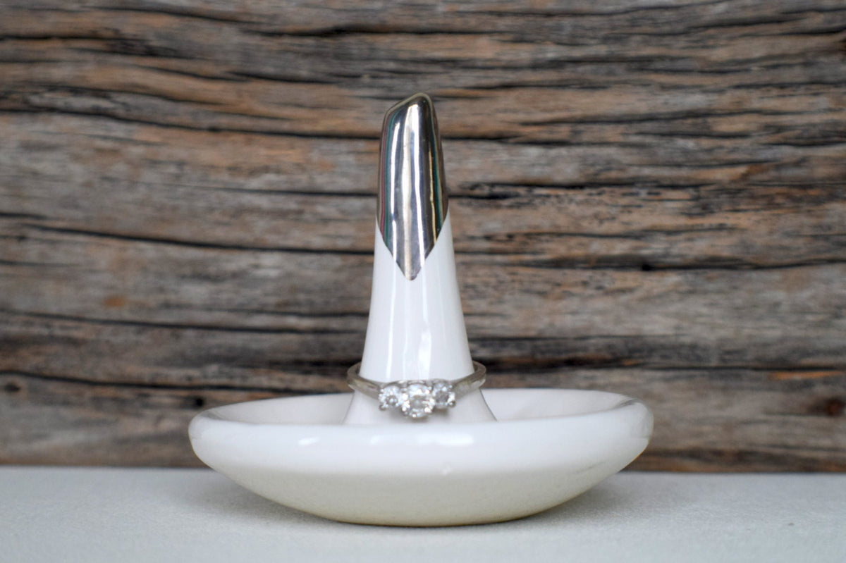 White and Silver Ceramic Wedding Ring Holder Dish