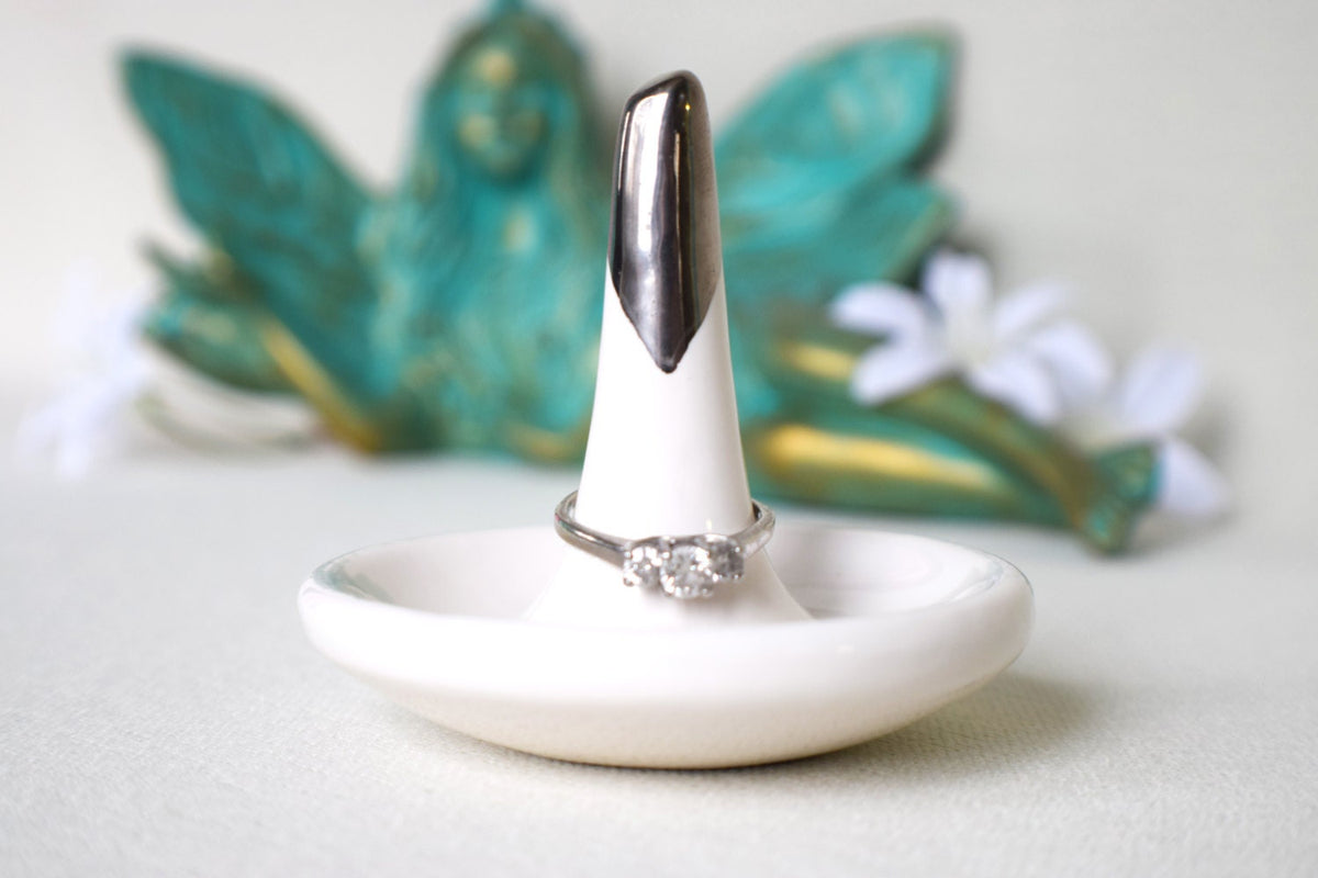 White and Silver Ceramic Wedding Ring Holder Dish